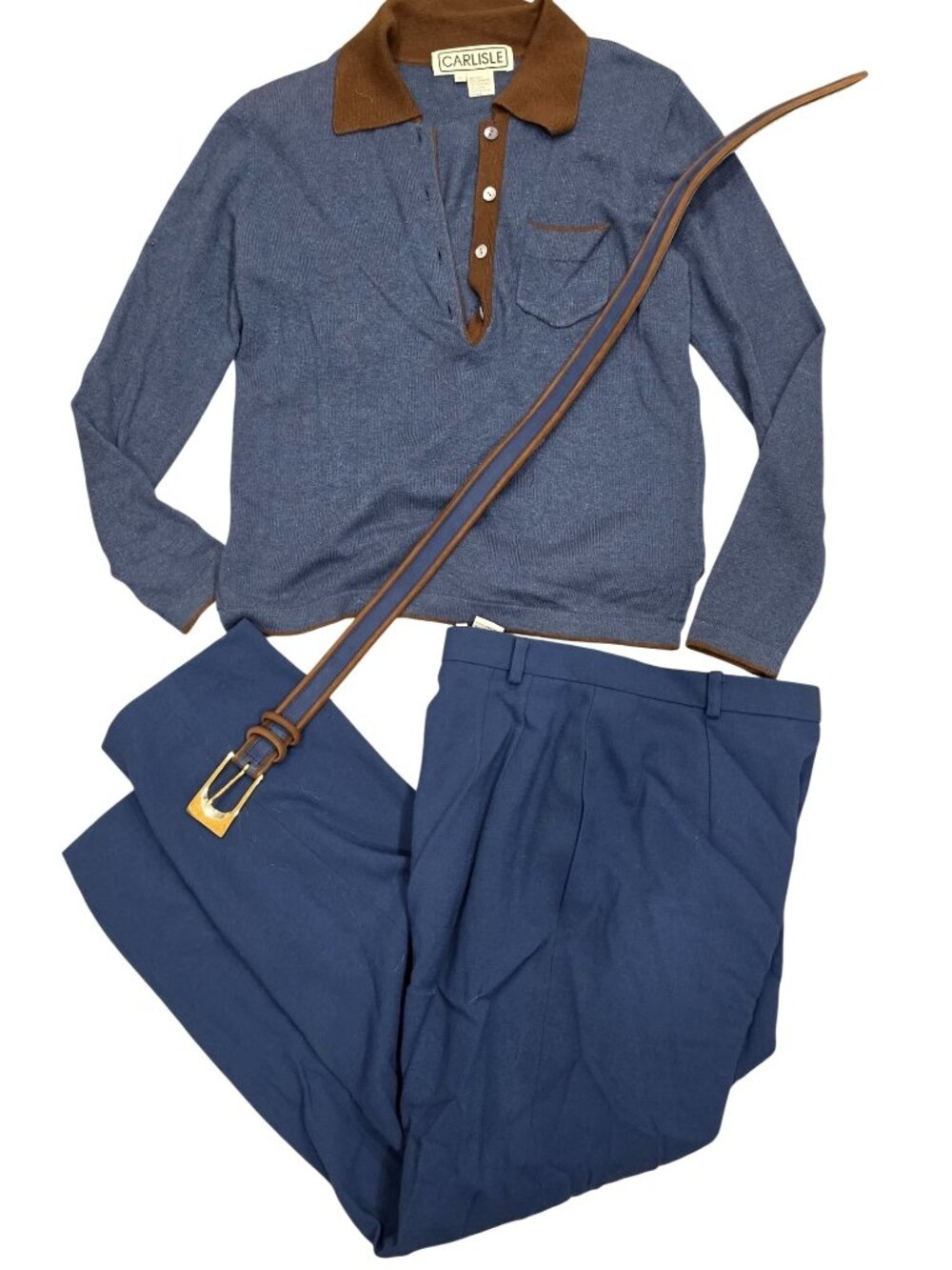 Carlisle Silk Cashmere Button-Up Top Wool Pants & Leather Belt Set  Blue & Brown